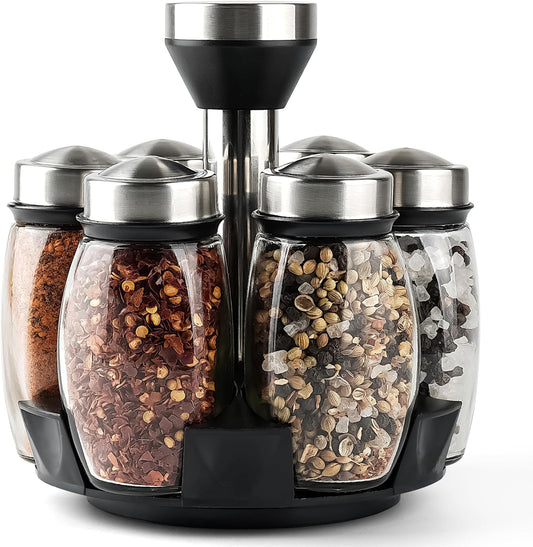 Mlici 6PC Spinning Glass Spice Jars - 360° Rotating Spice Rack Organizer with Jars, Stainless Steel Revolving Seasoning Holder Jars for Countertop Cabinet Kitchen Spices Cruets