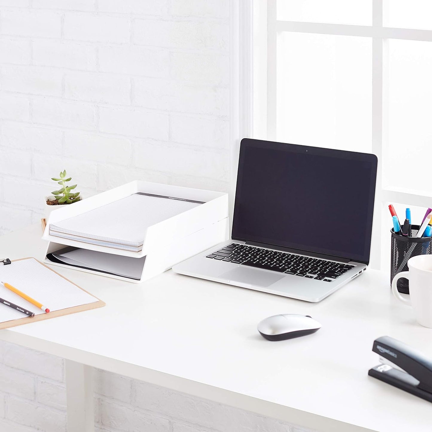 Amazon Basics Rectangular Plastic Desk Organizer, letter size Tray, 2-Pack, 13 x 9.7 x 2.2 inches, White