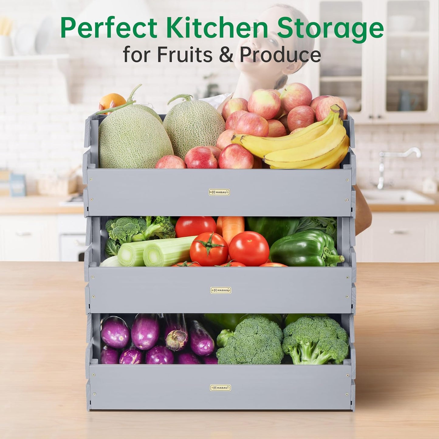 HABAU Wood Potato Onion Storage Bins - Wooden Stackable Produce Basket - Fruit Vegetable Storage for Kitchen Pantry Organization, Set 3 Pieces