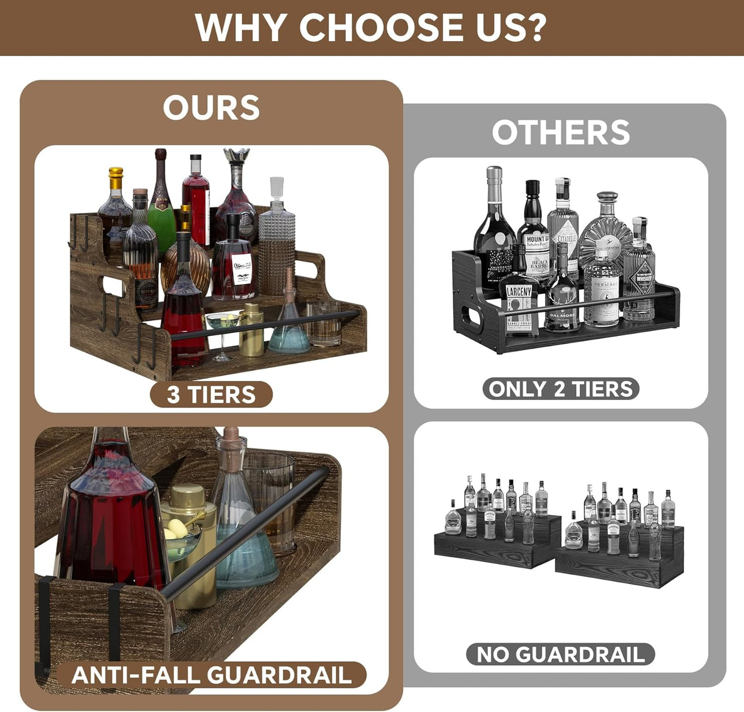 3-Tier Liquor Bottle Display Shelf, Bar Stand for Whiskey, Spirits, Coffee Syrup Rack Organizer, Countertop Wine Rack for Home, Mini Coffee Bar, Small Liquor Cabinet and Kitchen Dark Brown