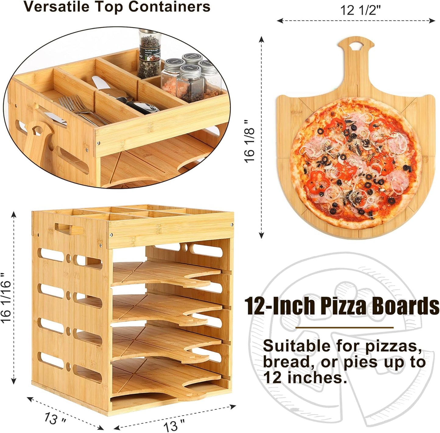 Pizza Peel Rack Stand Wooden, 4 Pack of 12 Inch Pizza Peels Wood Non-Stick, Pizza Peel Rack Holder with Top Storage Free Container Divider, Cutting Grooves for Easy Pizza and Bread Making