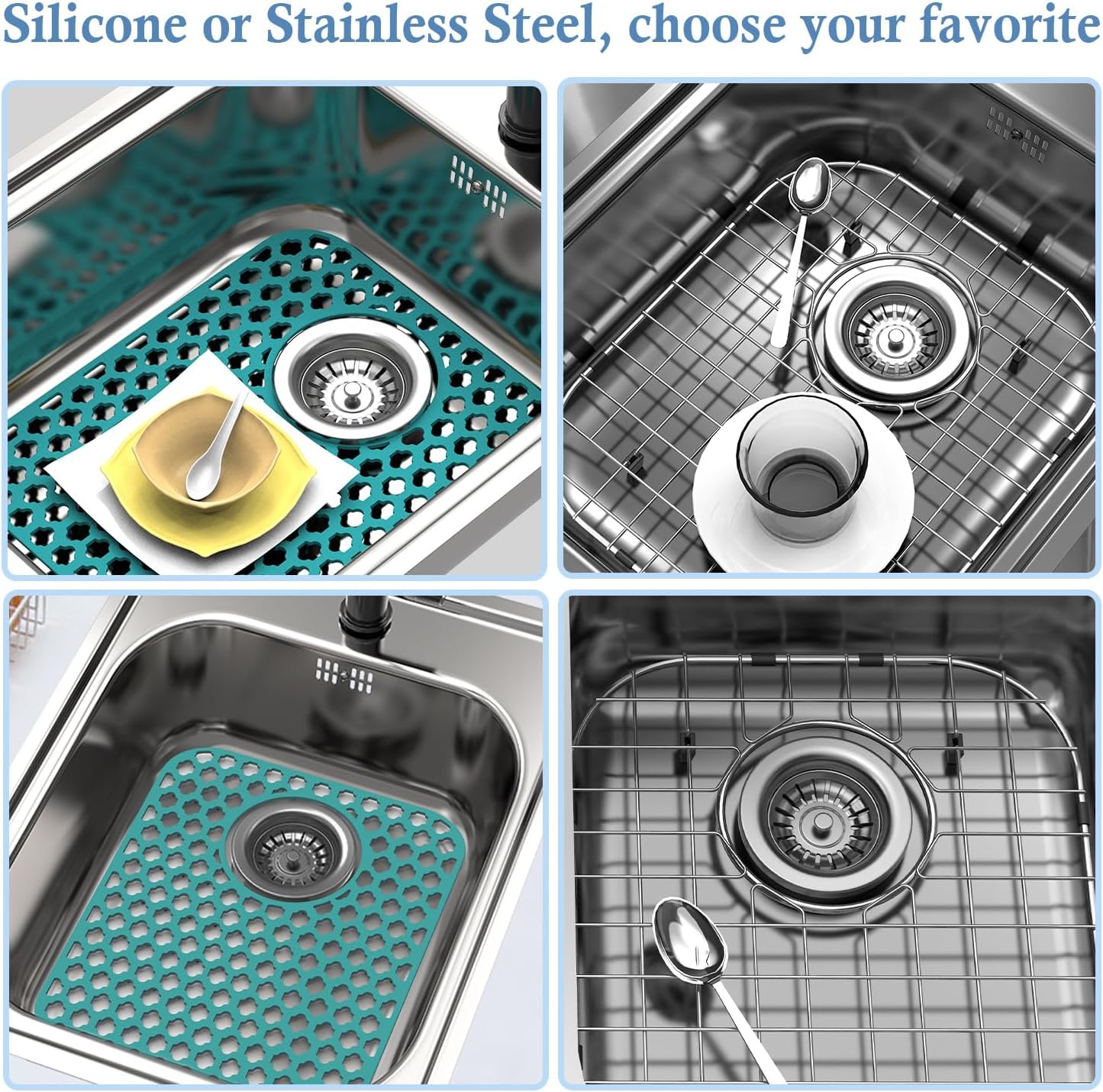 2 Pack Silicone Sink Protector for Kitchen Sink Bathroom, 13.58" x 11.6" Heat-resistant Sink Mat Non-Slip and Durable Silicone Protectors, Rear Drain, Green