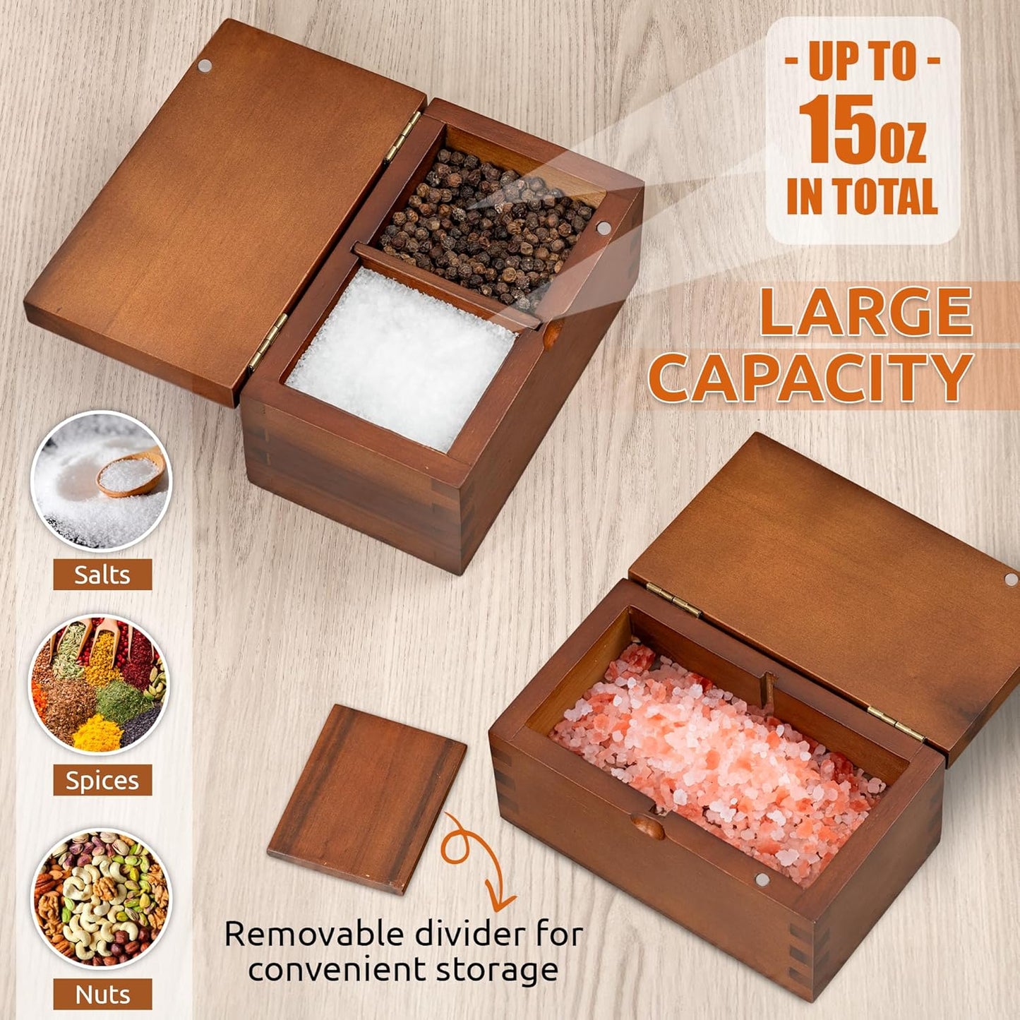 Demigo Salt Cellar Acacia Wood Salt Box with Flip Lid, 5.6x3.6x3 Inches 20 oz Large Storage Space, Perfect Container for Keeping Salt, Spice, Herbs or Favorite Seasonings (Dark Brown)