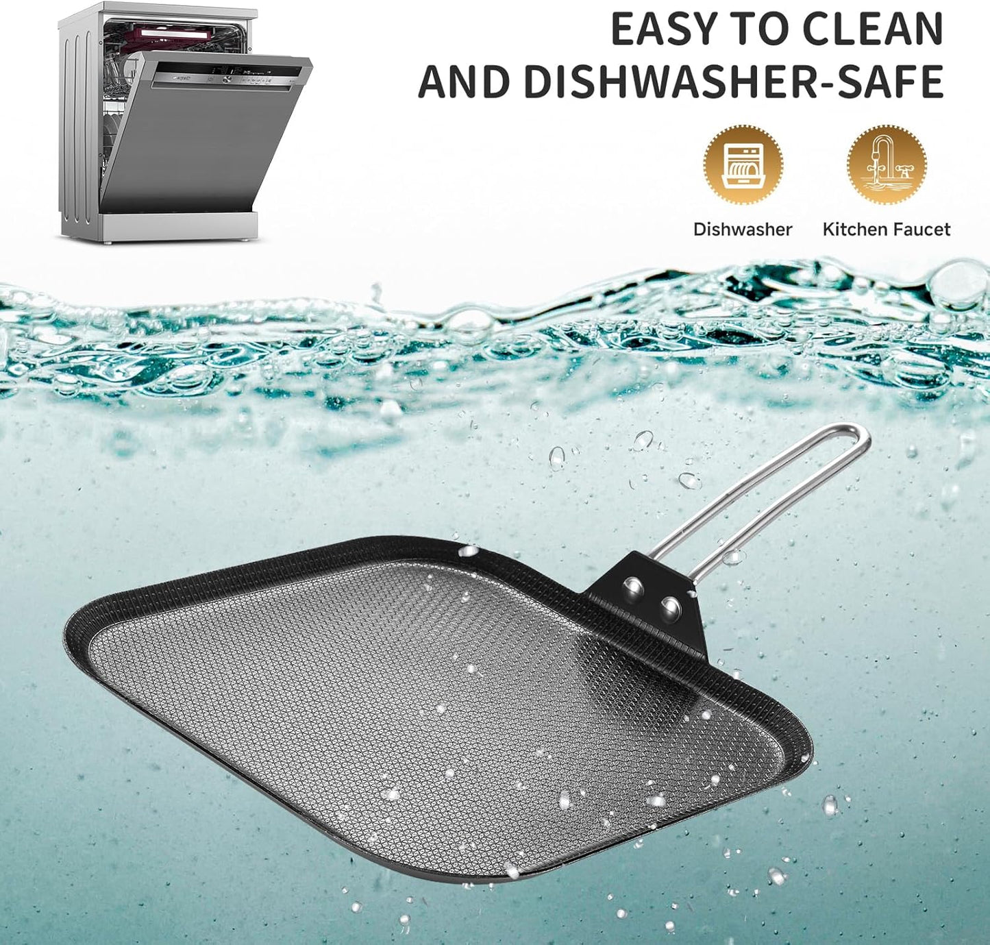 Inqibee 11 Inch Tri-ply Stainless Steel Square Griddle Pan,Hybrid Ceramic Nonstick Pancake Pan,Anti-scratch,Silicone Heat-resistant Handle,Dishwasher and Oven Safe.