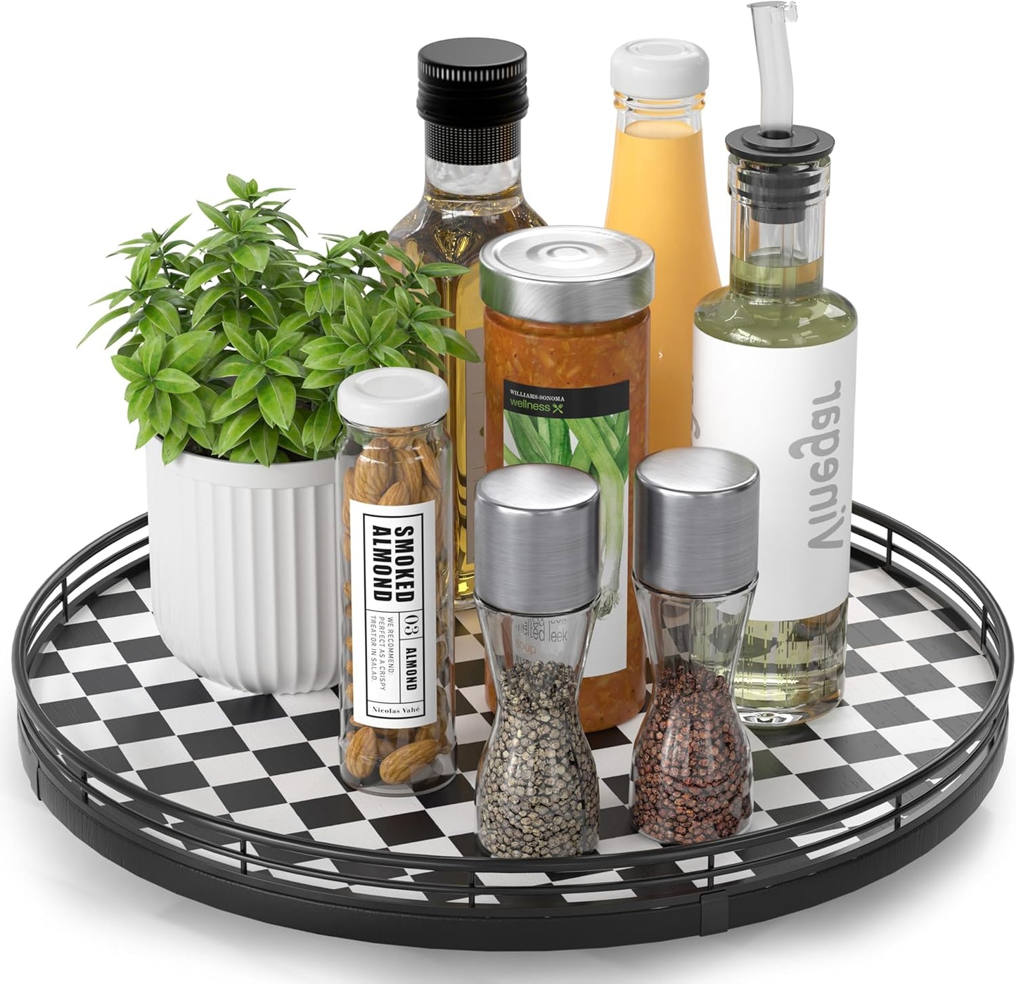 Black and White Kitchen Lazy Susan Turntable – Checkered Round Decorative Tray, 13” Table Top Oak Wood Lazy Susan for Cookies, Dining Table Organizer, Small Kitchen Table Centerpiece