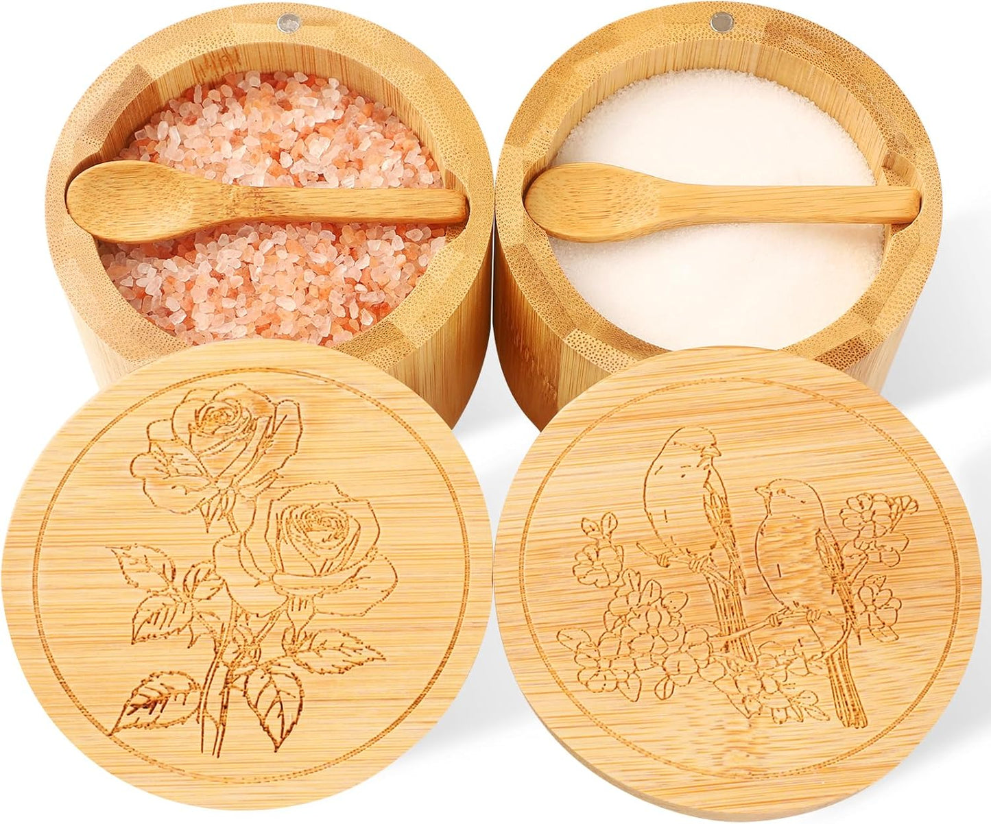 Salt Cellar, 2PCS Salt Container Bamboo Salt and Pepper Box for Countertop with Built-in Spoon & Swivel Lid, Spice Seasoning Storage Bowl, Elegant Salt Holder (Rose & Bird Engraving)
