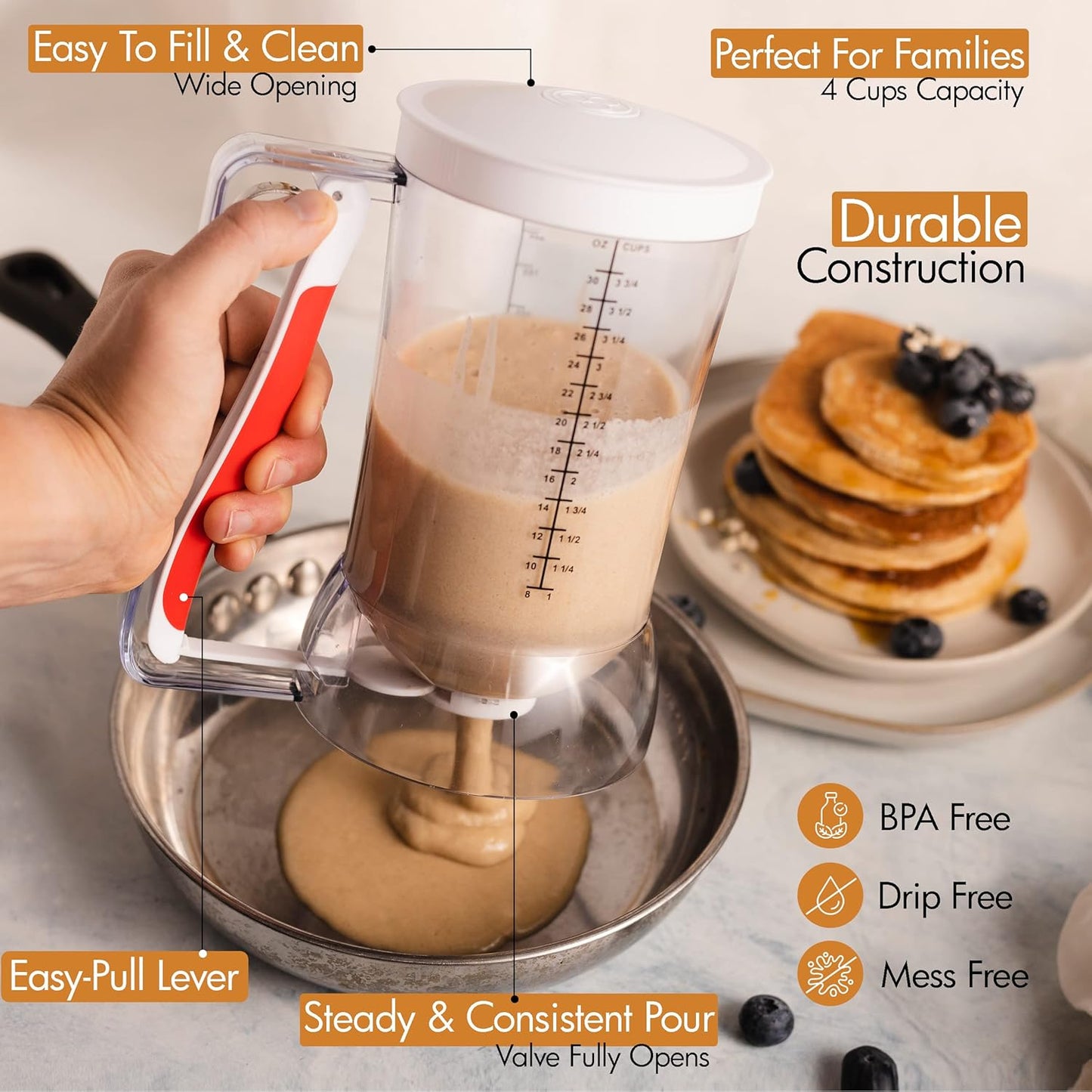 Kid Friendly Mess Free Pancake Cupcake Batter Dispenser Squeeze Handle for Precise Portion Control, Great for Waffles, Crepes | 4 Cup Capacity (White)