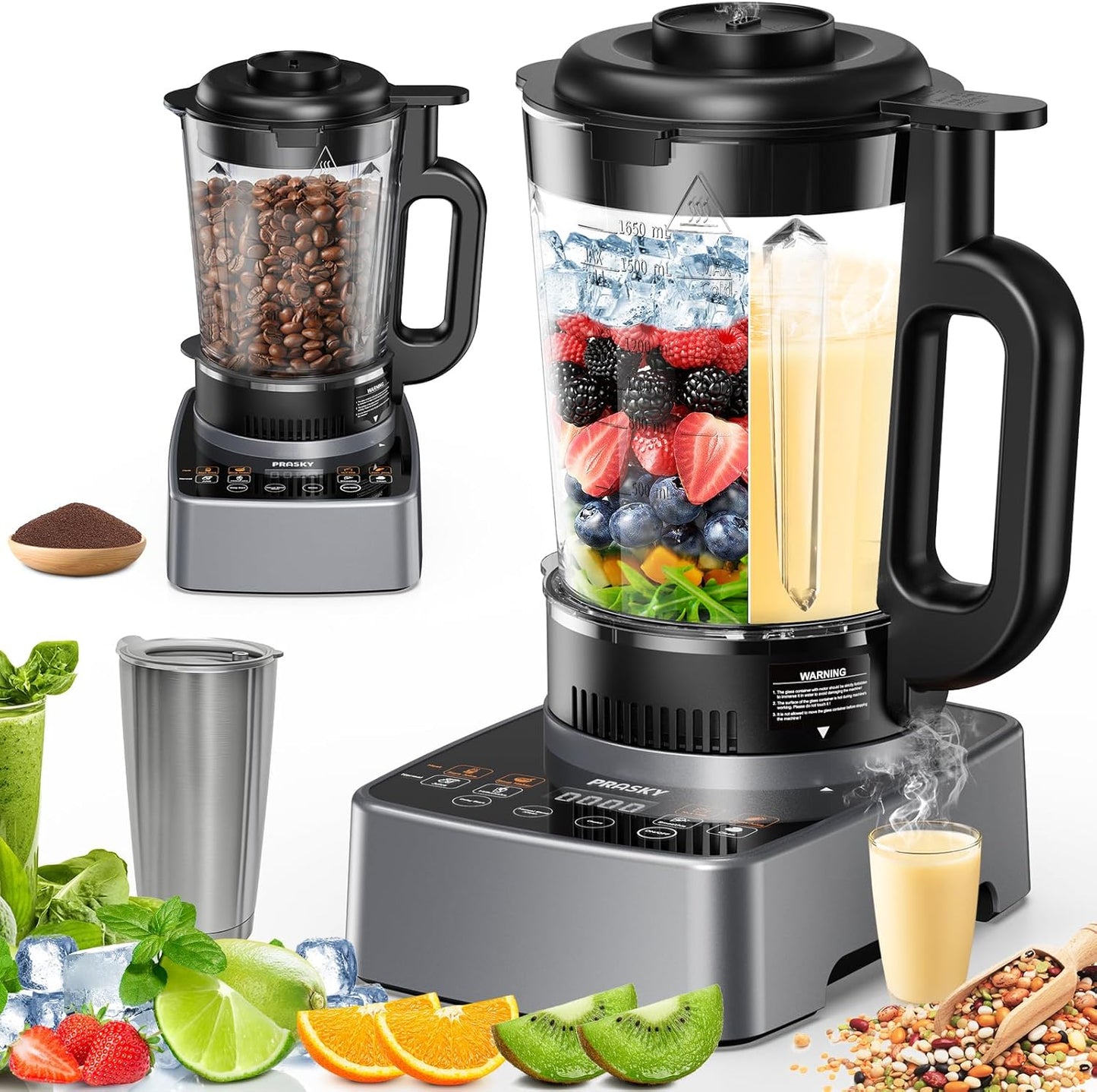 Blenders for Kitchen with Heating, PRASKY 1000W Professional Glass Blender 55oz, 1000 RPM High Speed Shake Juice for Smoothies Blender Keep Warm, Auto Clean for Ice Crushing Soups Sauces (Sliver)