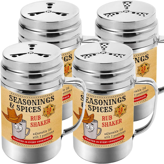 CUSINIUM [Pack of 4] 14 oz Seasonings Spice Shakers - BBQ Dry Rub Shakers - Cooking Dredge with Adjustable Fan-Style Lid and Handles