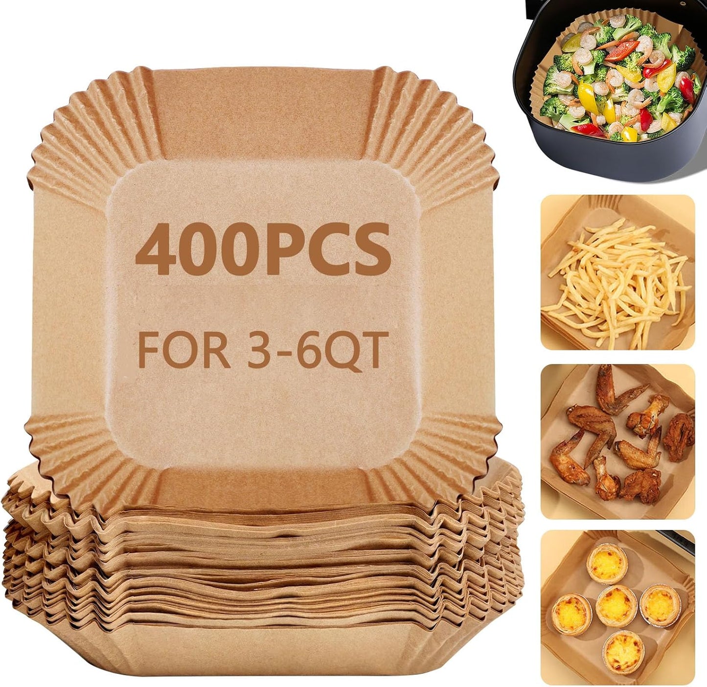 400 Pack 7.5 Inch Air Fryer Liners, Parchment Paper Sheets for Air Fryer Basket, Non-Stick, Disposable, Unbleached, Heat Resistant, Fits 3-6 QT Air Fryers. (Bottom size: 6in)