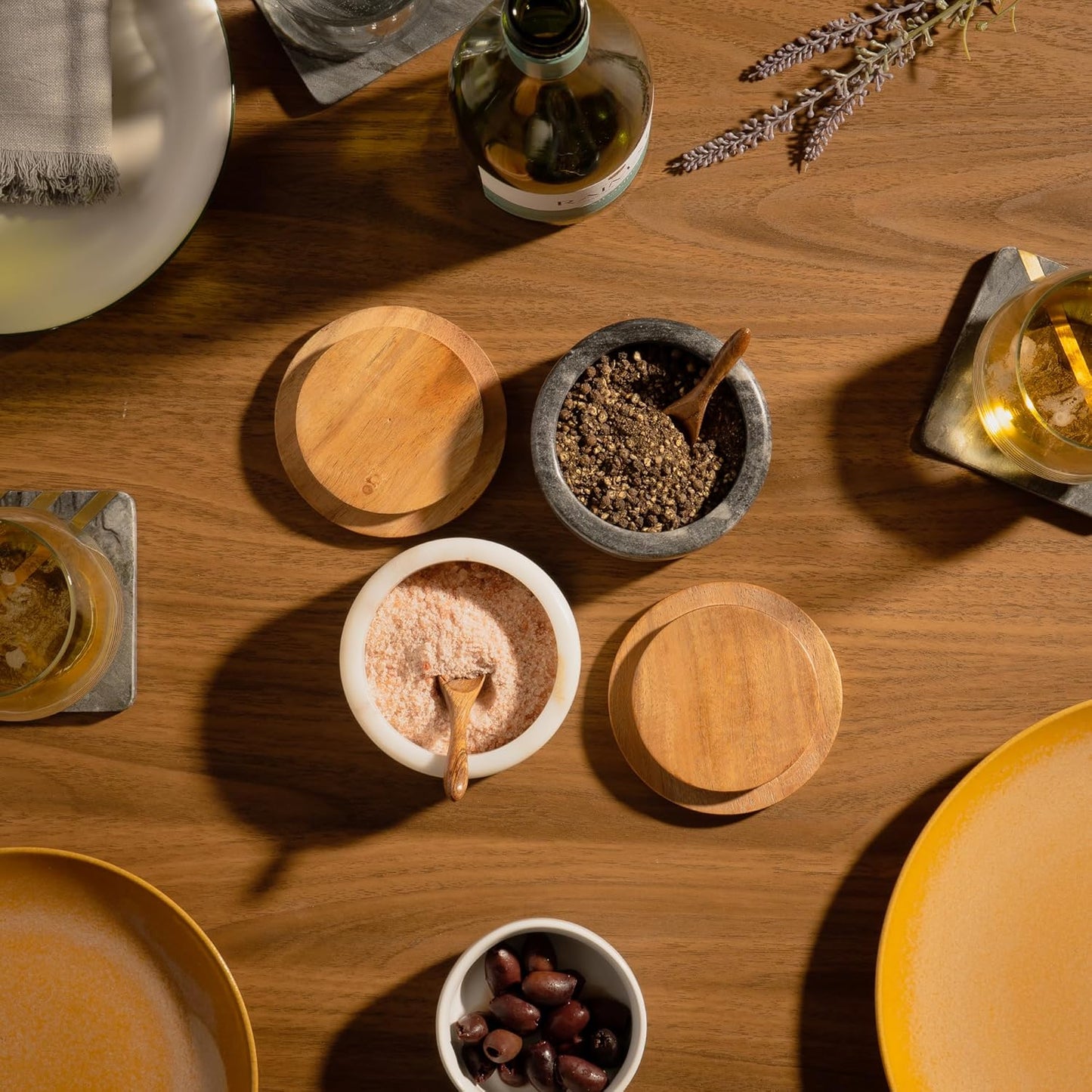 Cork & Mill White Marble Salt Cellar with Acacia Wood Lid and Spoon - Elegant Modern Handcrafted Container for Countertop - Keeps Spices Dry - Wide 4” Salt Pig with Non-Skid Feet