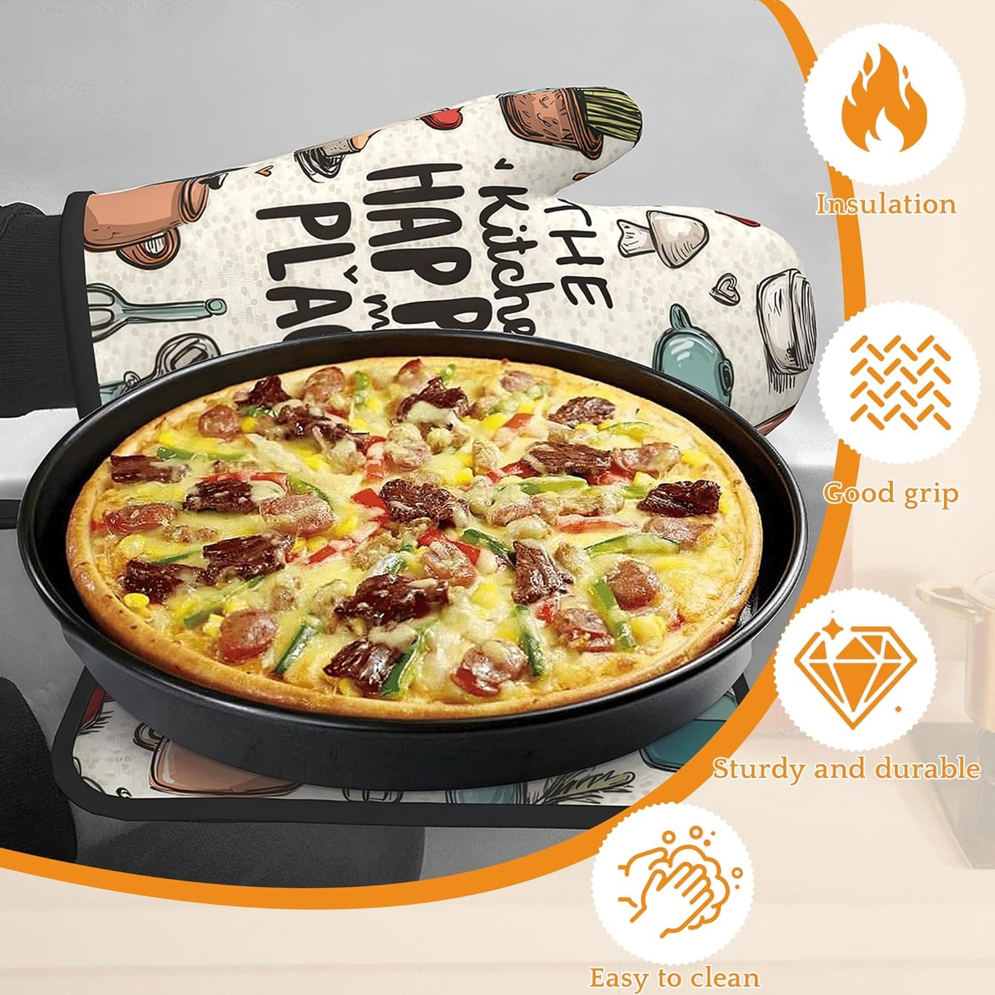 Oven Mitts and Pot Holders,The Kitchen is My Happy Place Heat Resistant Oven Mitts Gloves and Pot Holder for Home Kitchen Decorations Cooking Baking BBQ Gifts,Set of 4