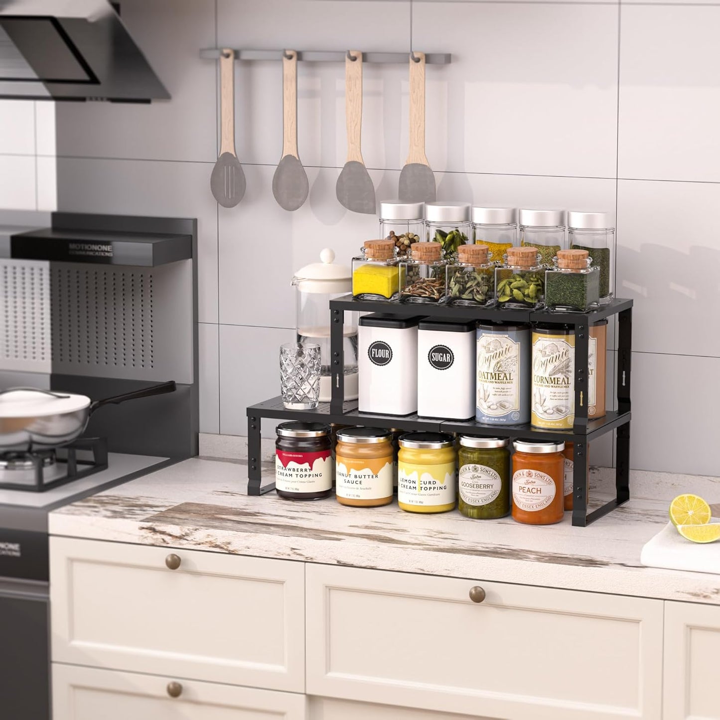 Heavy-Duty Adjustable Metal Shelf Organizer - Expandable & Stackable Pantry Storage Rack for Kitchen, Bathroom, RV, Cabinets(1 Pack/Black, Medium)