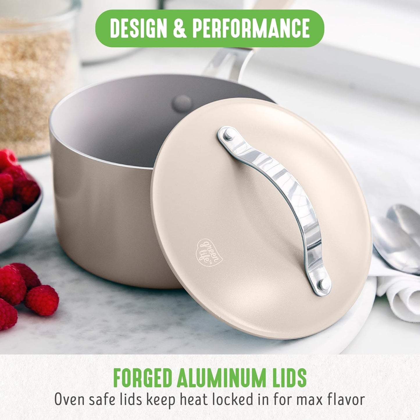 GreenLife 10-Piece Nonstick Ceramic Cookware Set, Lightweight Healthy PFAS-Free Pots & Pans with Lids, Dishwasher & Oven Safe, Durable Body, Silicone Stay-Cool Handles, Easy Release, Taupe