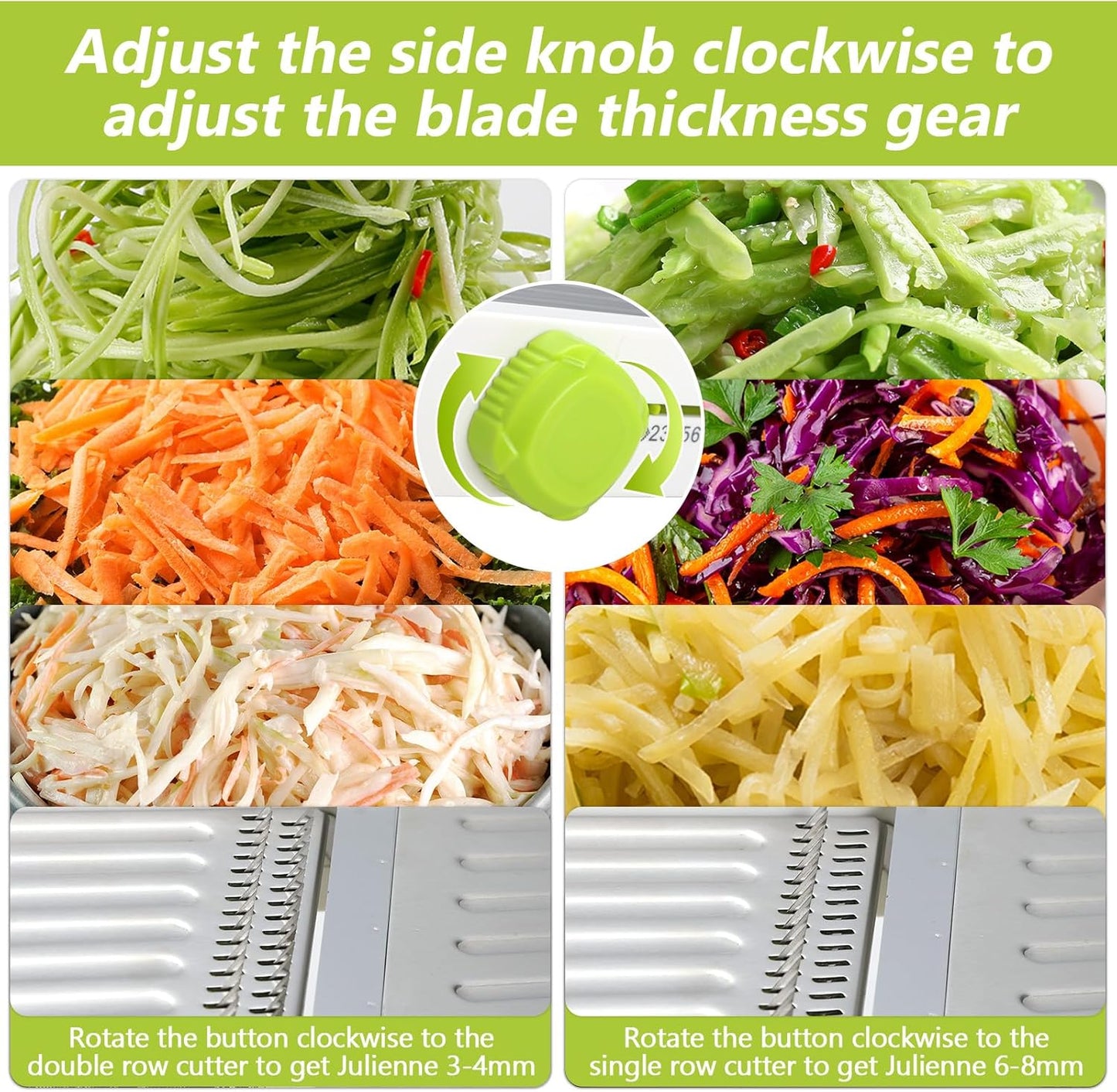 Mandoline Slicer for Kitchen, Adjustable Stainless Steel Mandoline Food Slicer, Onion Potato Cucumber Tomato Carrot Vegetable Fruit Slicer, Mandolin Veggie Cutter with Food Holder, Green