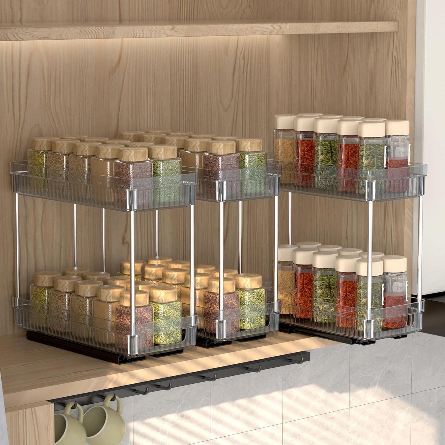 3 Pack Pull Out Spice Rack Organizer for Cabinet, 2 Tier Slide Out Spice Racks Organizer, Spice Cabinet Organizers, Cabinet Size Need:12'' High x 11'' Deep x 5'' Wide, Clear Acrylic