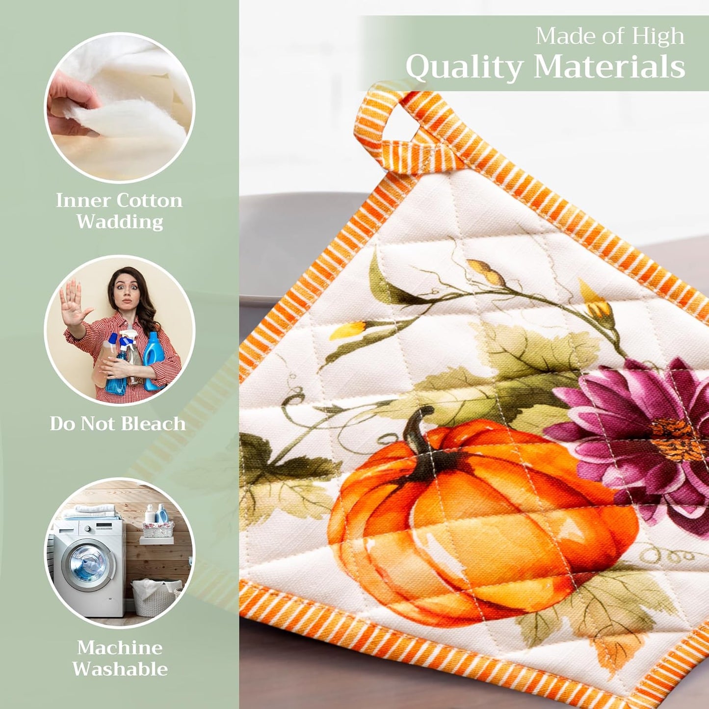 Maison d' Hermine Pot Holders set 100% Cotton Heat Resistant Potholders 8" x 8" Hot Pads with Loop BBQ, Cooking, Baking, Grilling, Kitchen, Handling Hot Pans (Pack of 2, Pumpkin Garden - Cloudy Cream)