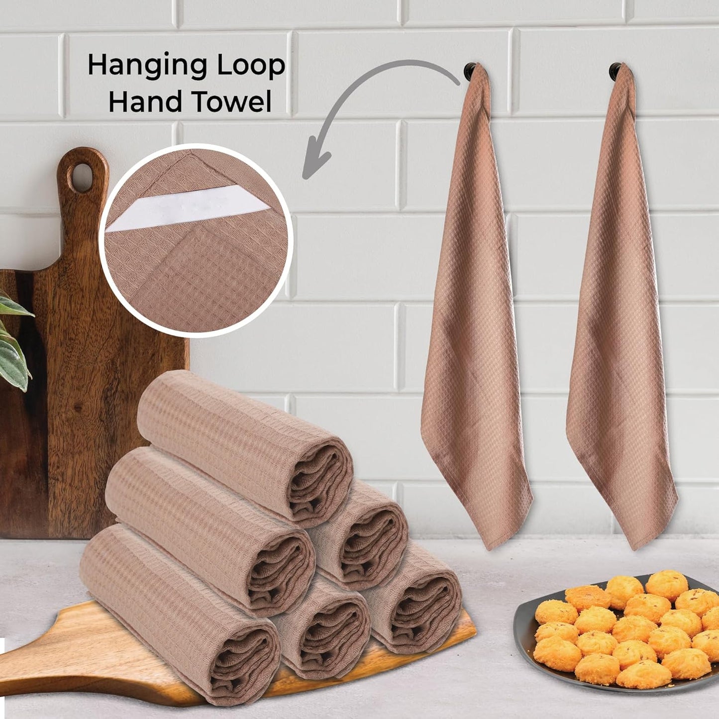 Urban Villa Waffle Dish Towels - Tan Color Set of 6 Highly Absorbent Cotton Towels - Oversized 18x28 with Mitered Corners