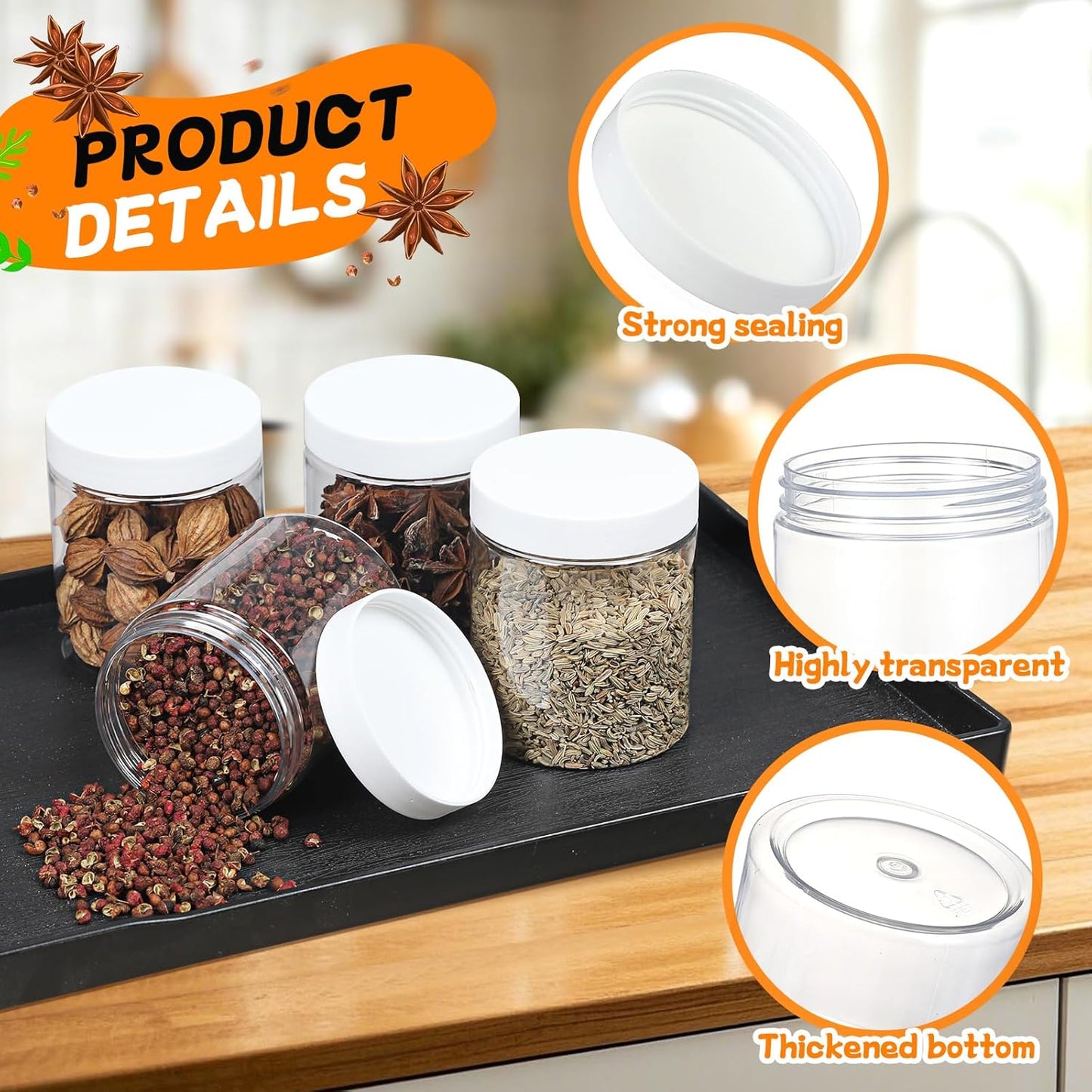 48pcs 8 oz Plastic Containers with Lids Labels Leak Proof BPA Free Airtight Refillable Clear Small Containers Storage Jars for Storing Dry Food Slime Honey Jam,white