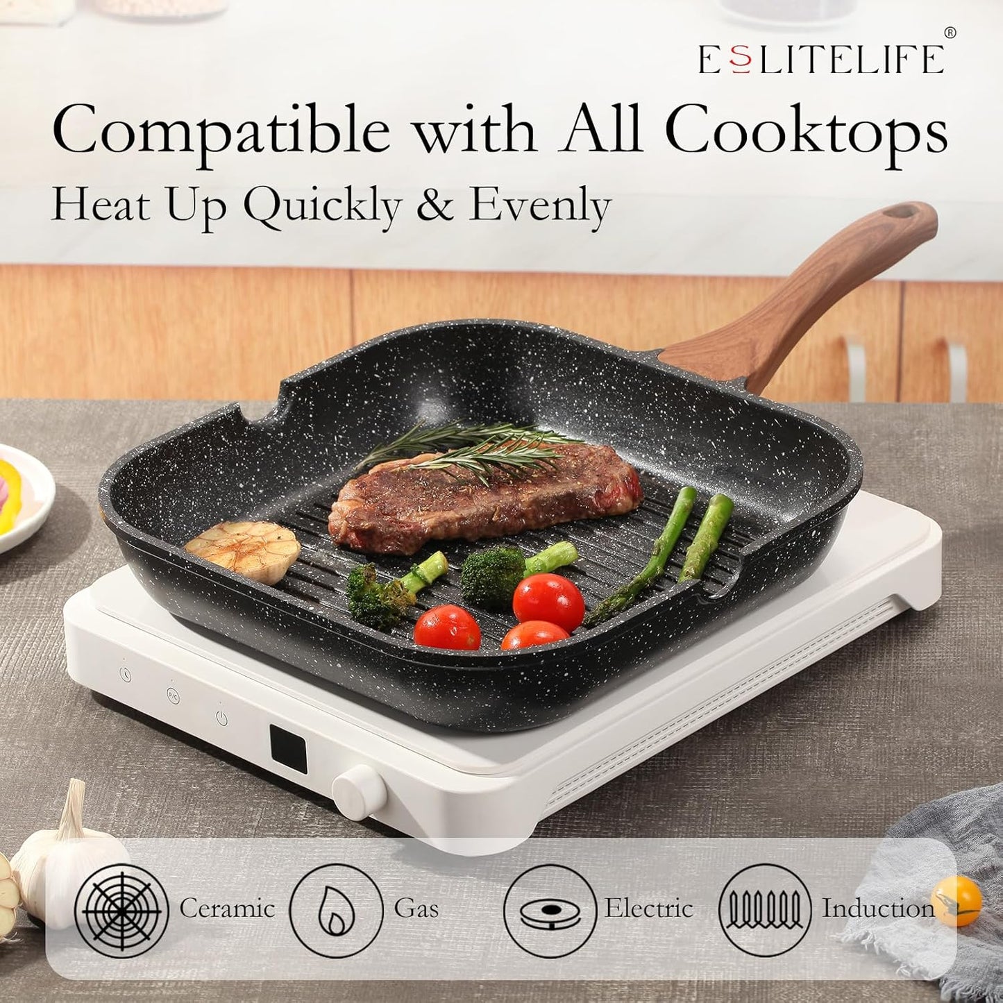 ESLITE LIFE 9.5 Inch Nonstick Grill Pan for Indoor Cooking, Versatile Induction Square Large Grilling Skillet Steak Pan for Stove Tops, PTFE & PFOA Free, Black