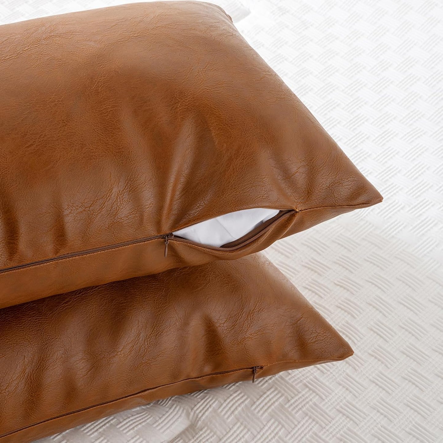 Fancy Homi Brown Boho Long Lumbar Faux Leather Body Decorative Throw Pillow Cover 14x36 Inch for Bedroom Couch Bed Bench, Thick Stylish Solid Rectangle Pillowcase, Rustic Modern Farmhouse Room Decor