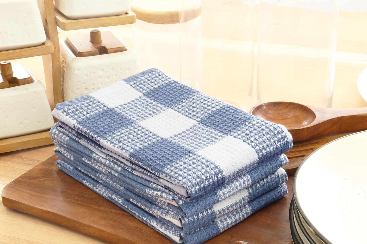 PurpleEssences 100% Cotton Waffle Weave Check Plaid Kitchen Towels, Super Soft and Absorbent Dish Towels for Drying Dishes 15 x 25-6 Pack - Spring Summer - Smoky Grey and White