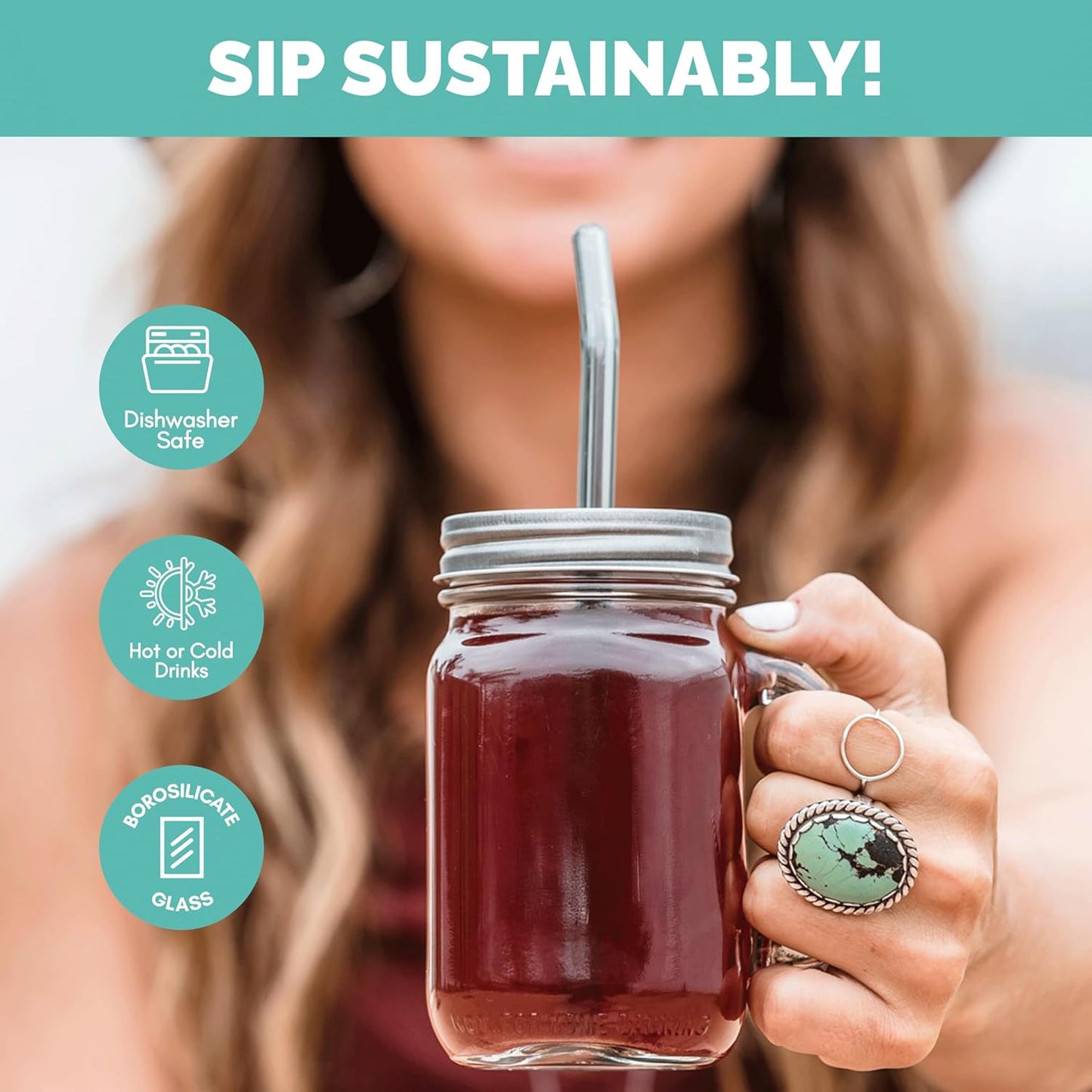 Simply Straws 10 Inch Glass Straws Bent (6-Pack) – Reusable Glass Straws for 24 Oz Mason Jars & Tumblers, with Cleaning Brush – Durable, Dishwasher Safe, Hot & Cold Use, BPA-Free (Fjord Mist)