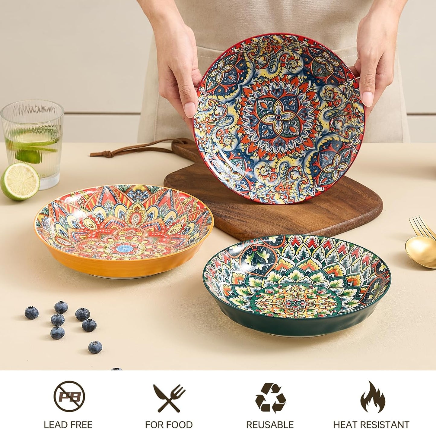 Ceramic Pasta Bowls Set - 8 inch 32 oz Serving Bowls, Set of 6, Colorful Dinner Bowls for Soup,Salad, and Pasta, Kitchen, Microwave, Dishwasher Safe, mexican, Bohemian Style