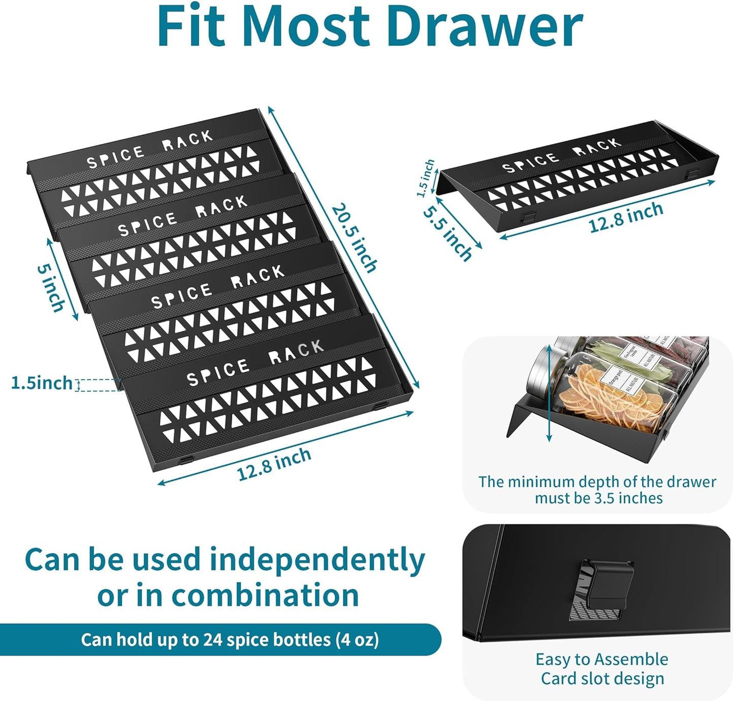 Spice Drawer Organizer, 4 Tier Metal Spice Organizer for Drawer Insert, Spice Organization for Drawer, Kitchen, Countertop, Pantry (Jars Not Included)