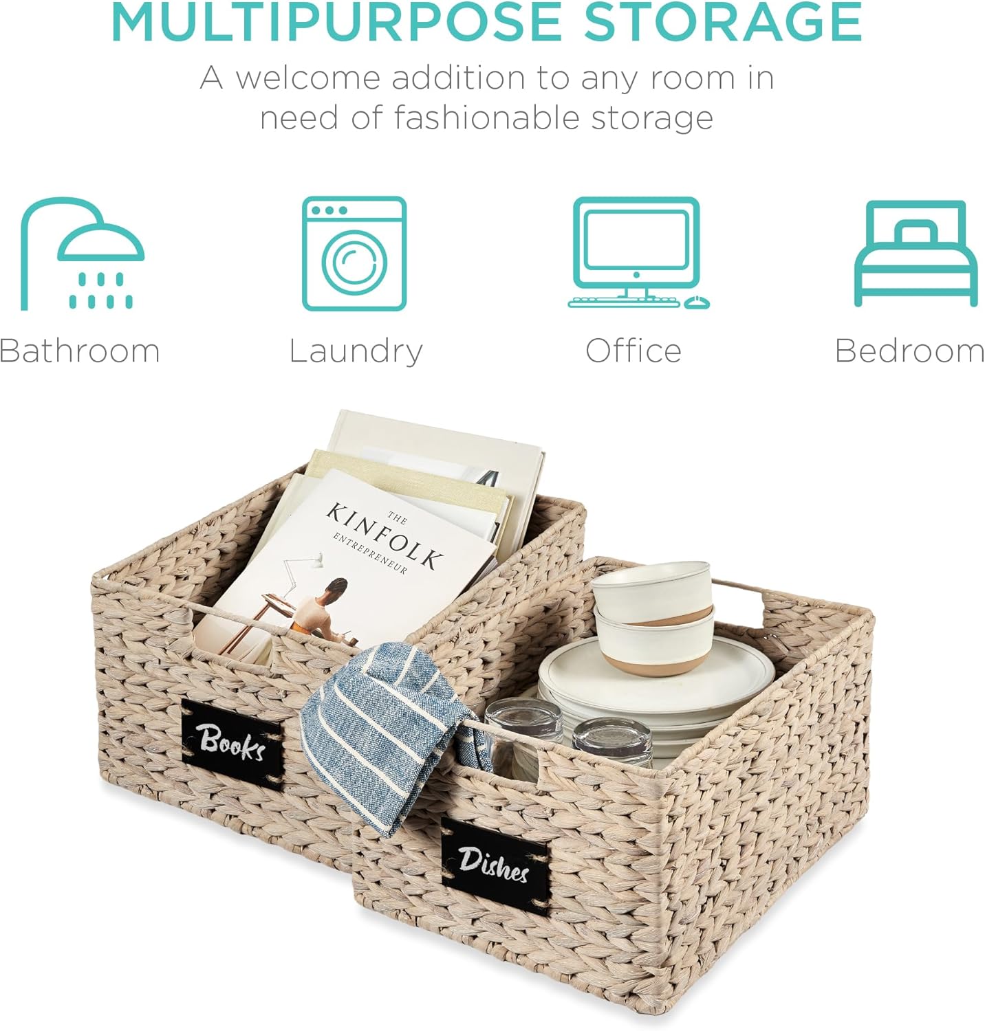 Best Choice Products Pantry Baskets Set of 2 16x12in Water Hyacinth Storage Baskets, Woven Wicker Kitchen Organizers with handles w/Chalkboard Label Chalk Marker - White