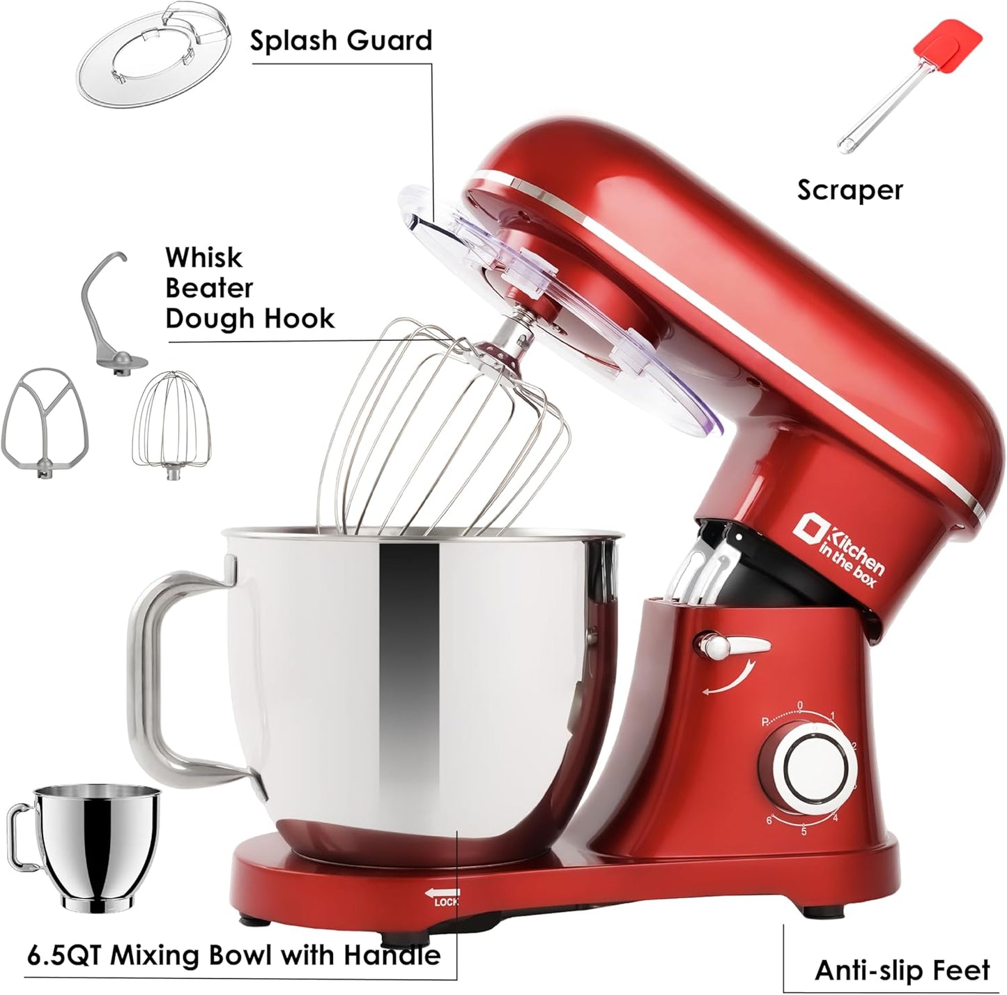 Kitchen in the box Stand Mixer - 6.5 Quart Mixing Bowl, 900 Watt Powful Bread Bread Dough Mixers Tilt-head with Dough Hook, Whisk, Flat Beater and Splash Guard (Red)