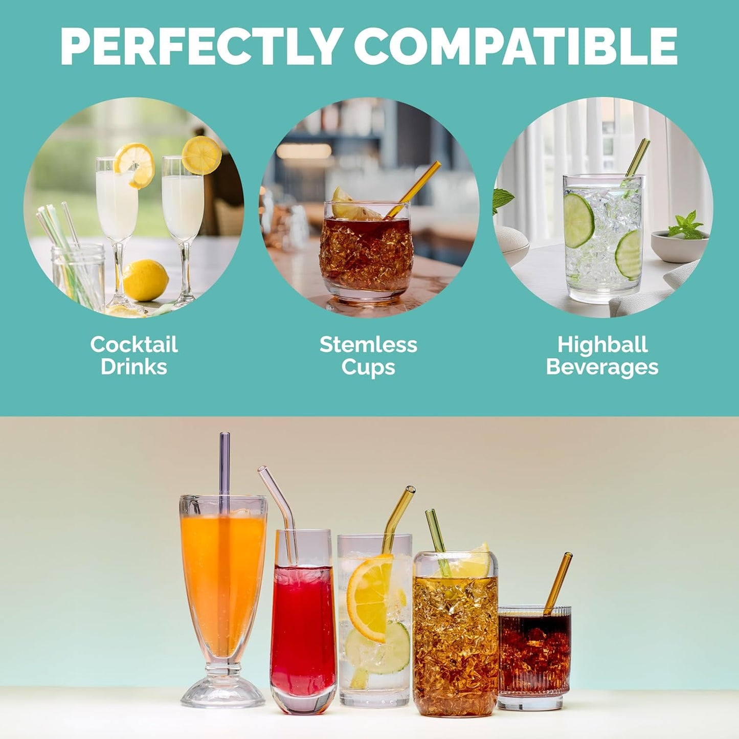 Simply Straws 6 Inch Skinny Glass Straws (6-Pack) - Reusable Cocktail Straws for Mixed Drinks, Low Balls, Coffee & Tea, with Cleaning Brush – Dishwasher Safe, Hot & Cold Use, BPA-Free (Fjord Mist)