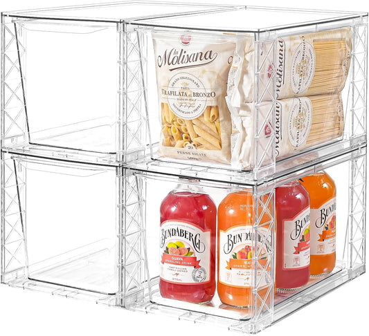 4Pack Stackable Kitchen Storage Organizer, Pantry Organizers and Storage, Clear Foods Organizer Bins with Handles, Easily Assemble for Bathroom, Kitchen, Pantry, Cabinet, Closet