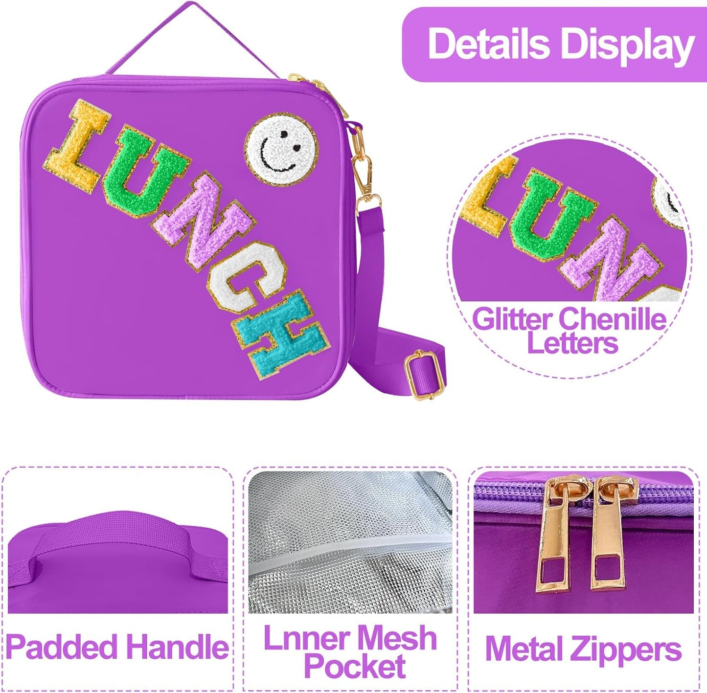 Insulated Lunch Bag With Adjustable Shoulder Strap, Nylon Preppy Lunch Box Large Insulated Lunch Bag Reusable Lunch Tote Bag with Smiley Preppy LunchBag for Girls School Travel Picnic (Dark purple)