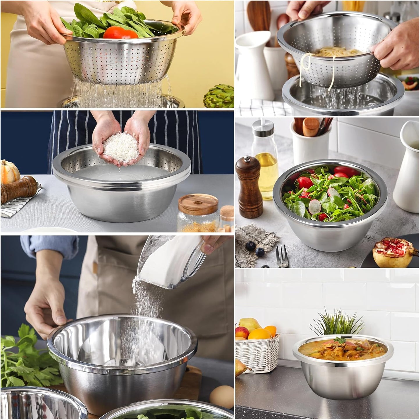 Colander 304 Stainless Steel 3-quart with Mixing Bowls, Strainer for Kitchen Food For washing vegetables, fruit, rice, Dishwasher Safe. (2PC)