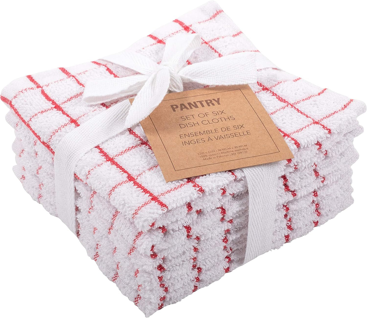 KAF Home Pantry 100% Cotton Checkered Grid Dish Cloths | Set of 6, 12 x 12 Inches | Absorbent and Machine Washable | Perfect for Cleaning Counters, and Any Household Spills - Red