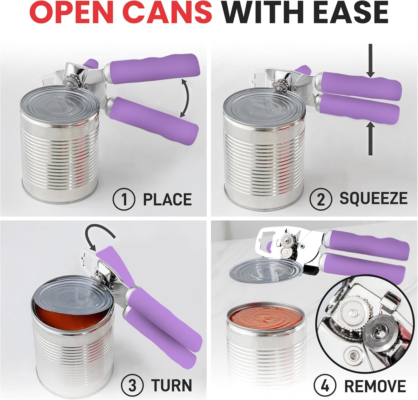 Zulay Kitchen Heavy Duty Stainless Steel Can Opener Manual with Bottle Opener - Rust Proof Manual Can Opener With Turn Knob & Comfy Soft Grip Handles - Purple