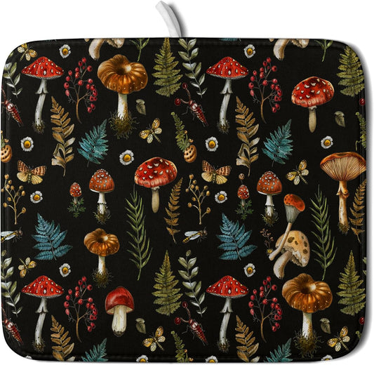 Mushroom Forest Dish Drying Mat Fern Leaves Black Drainer Mat for Kitchen Countertop 16 X 18 Inch