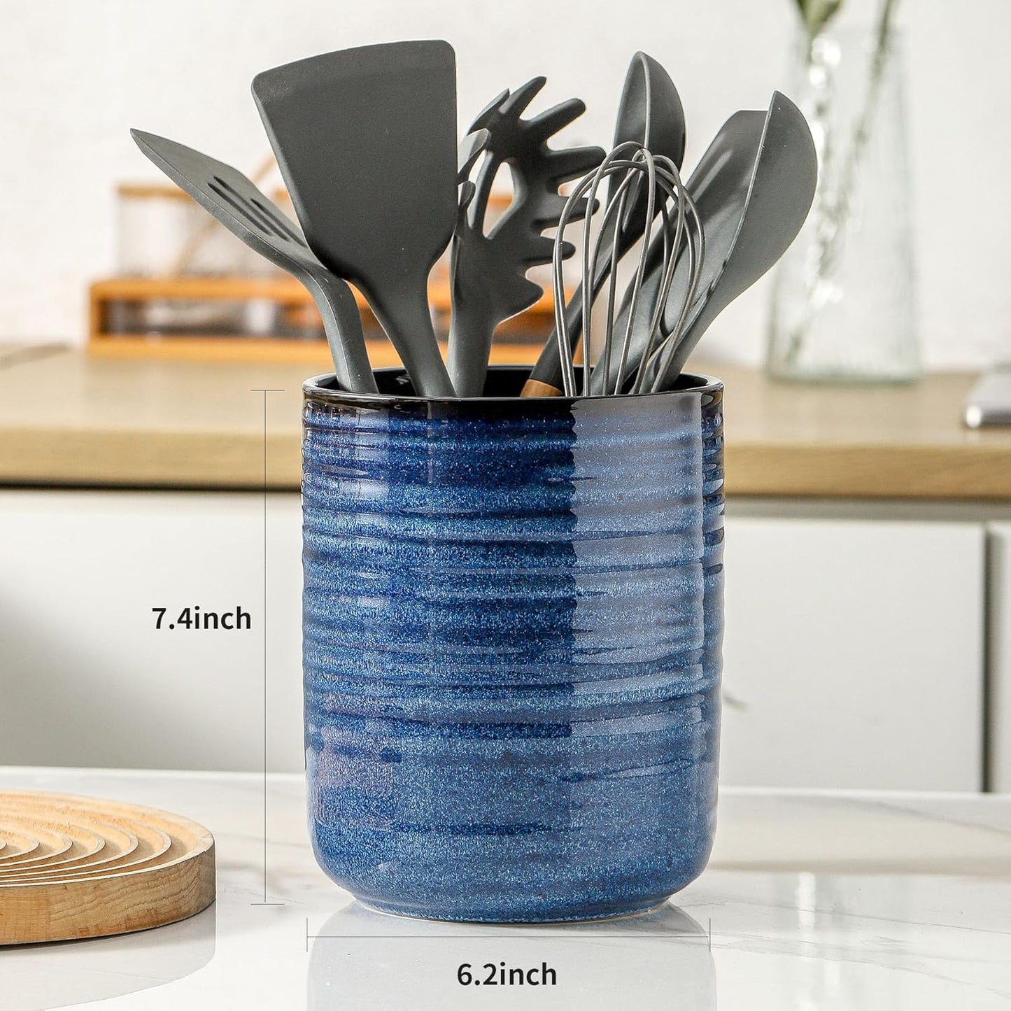 Hasense Kitchen Utensil Holder, 7.4" x 6.2" Ceramic Utensil Holder for Countertop, Stable Cooking Utensil Organizer Crock for Spatula, Modern Kitchen Decor for Christmas, Blue
