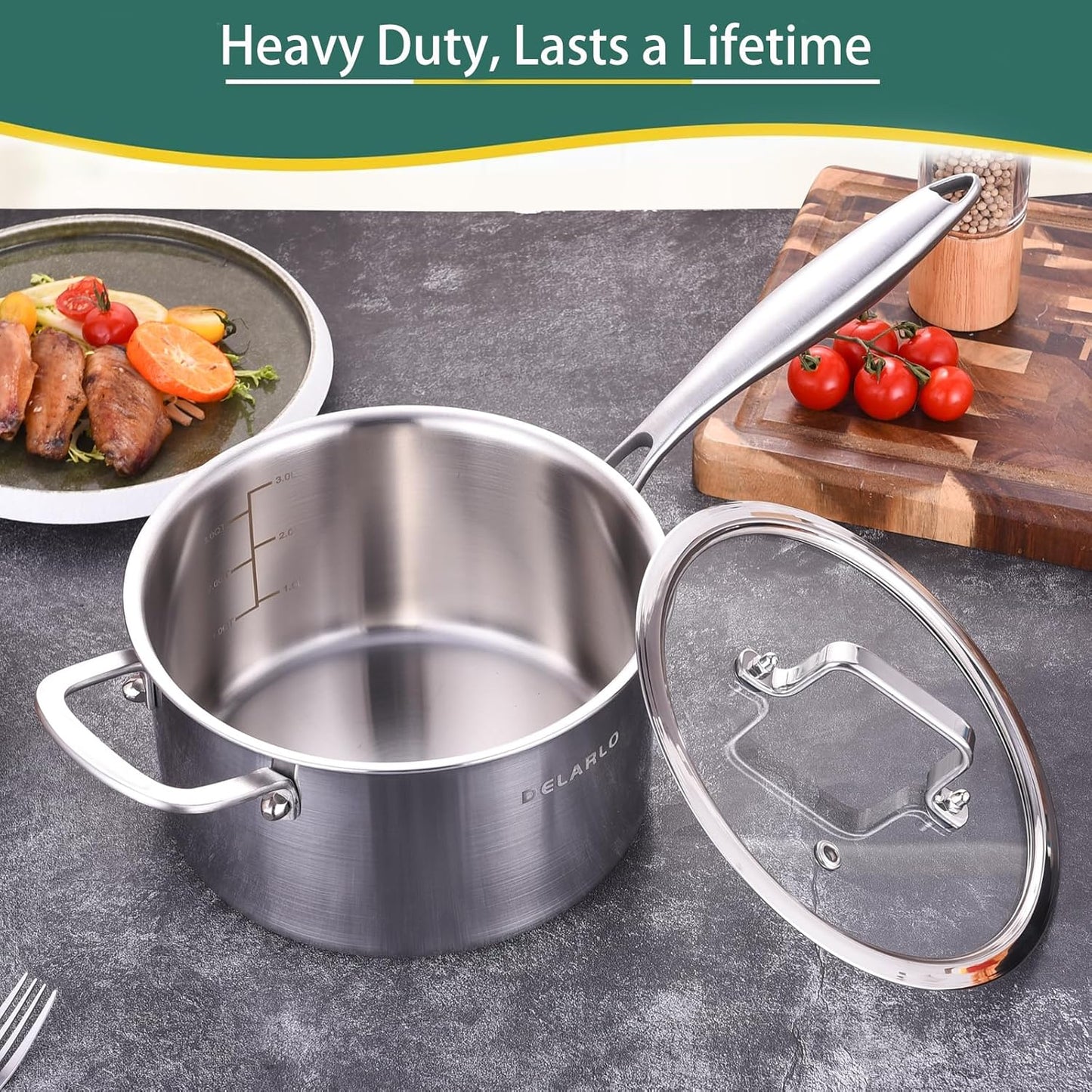 DELARLO Tri-Ply Stainless Steel Saucepan, 3.5 QT Saucepan with Lid, All Stove Compatible 600℉, Induction Sauce Pot, Heavy Duty Saucier, Dishwasher Safe Saucepan, Induction Pot 3.5 Quart, Even Heat