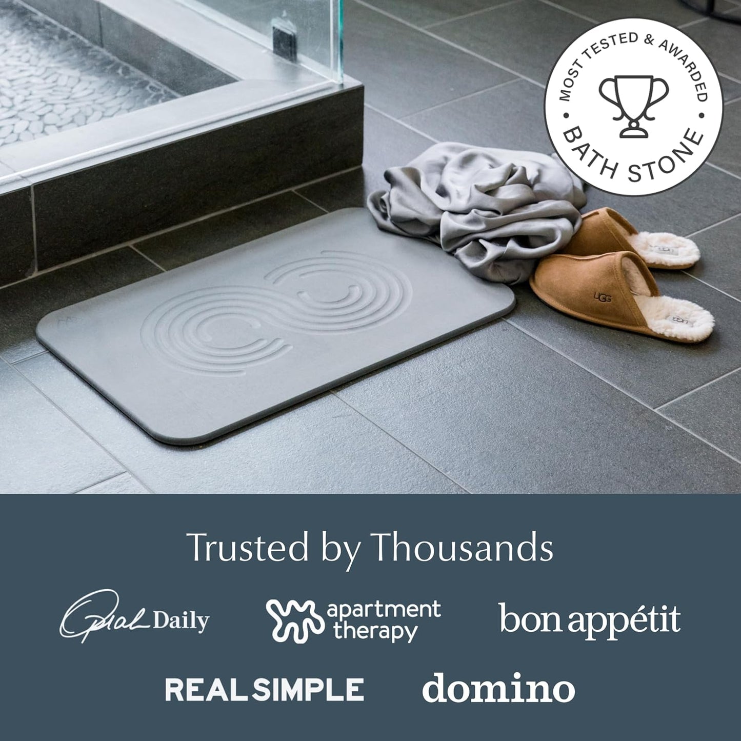 Dorai Home Bath Stone Mat 23.6"x15.4" – Quick-Dry, Non-Slip Diatomite Stone Bath Mat for Bathroom, Zen Slate