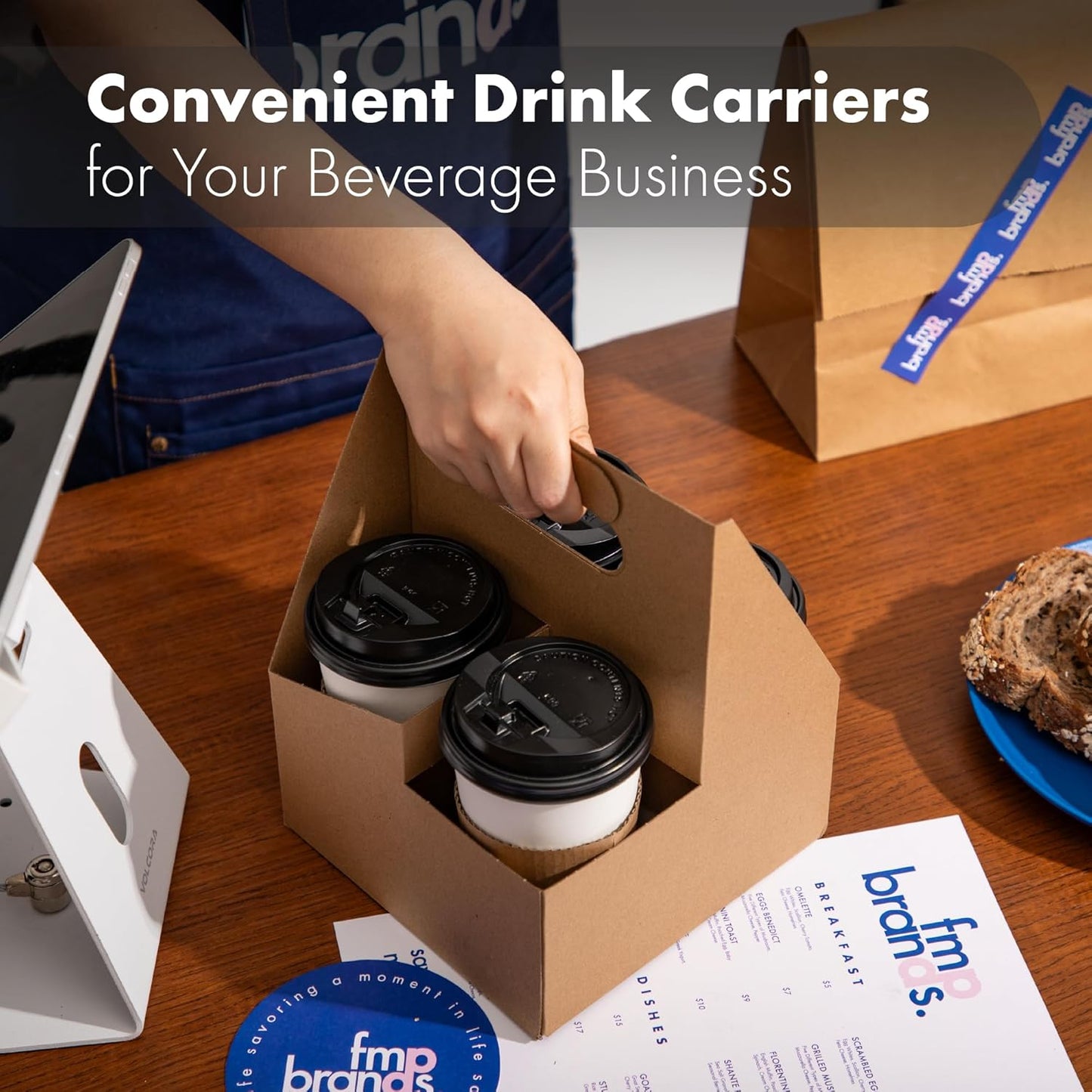 FMP Brands 4 Cup Disposable Drink Carrier with Handle, 200 Pack Kraft Paperboard Handled Cup Carrier, 12-30 oz to Go Coffee Cup Holder, Cold Hot Drinks, Takeout, Cafe and Restaurant