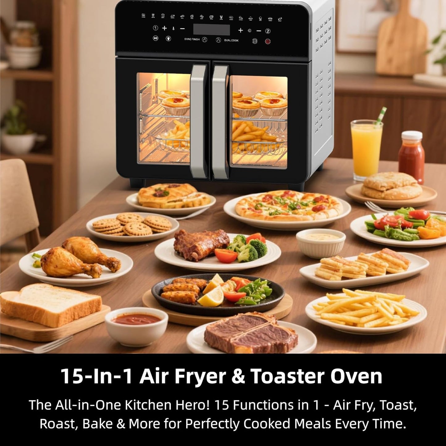 Air Fryer Toaster Oven Combo, 24 QT Fench Door Countertop Toaster Oven, 360 Degree Air Flow, 15 Cooking Functions, Digital Controls, 13 Accessories Included, Stainless Steel Finish