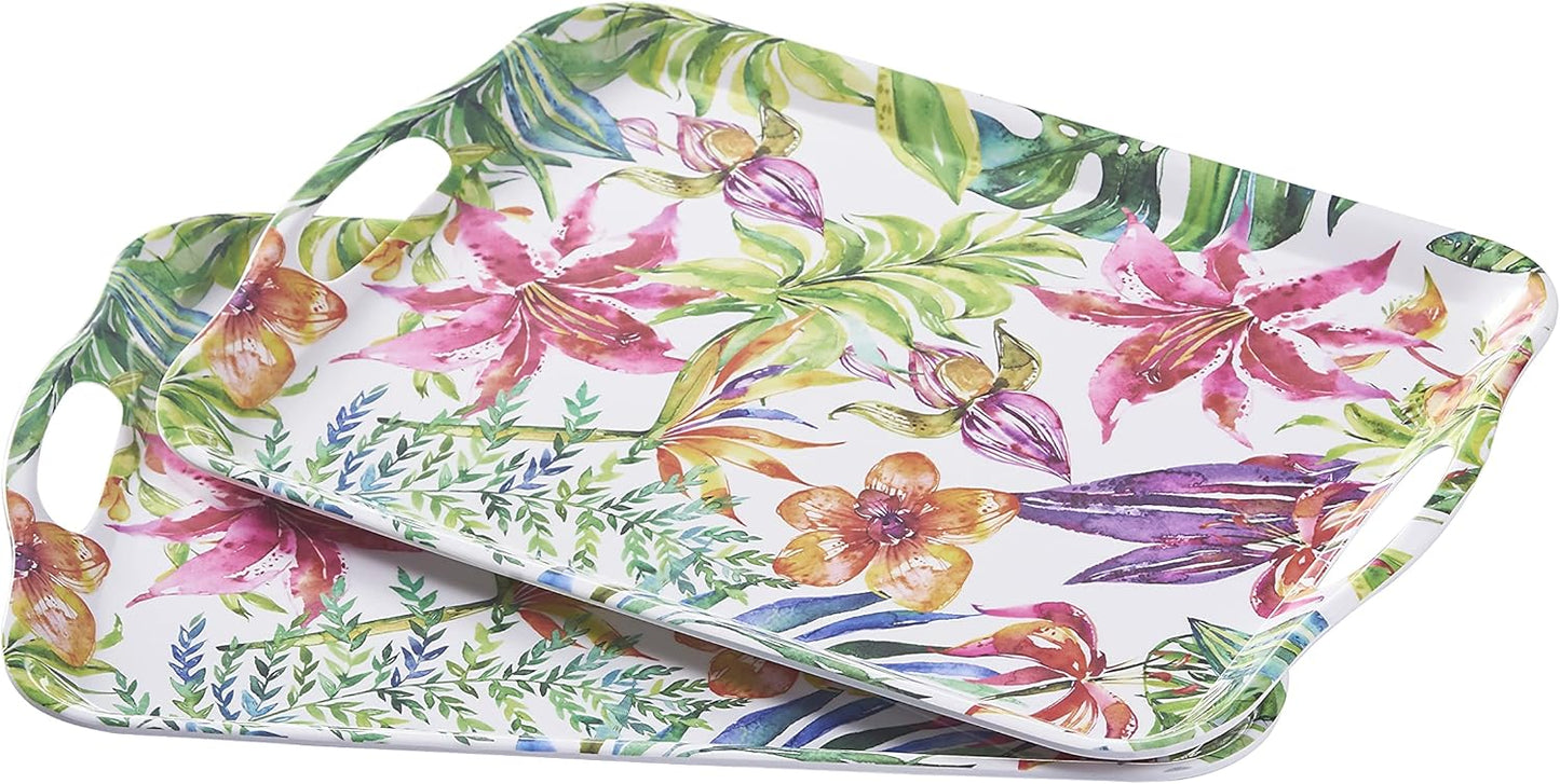 Blue Boat 16.5" x 11.5" Rectangular Serving Trays Set of 2 Floral, Light Weight Easy to Clean Sturdy Stackable Melamine Serving Tray with Handle, Fruit, Snacks, and Desserts Trays