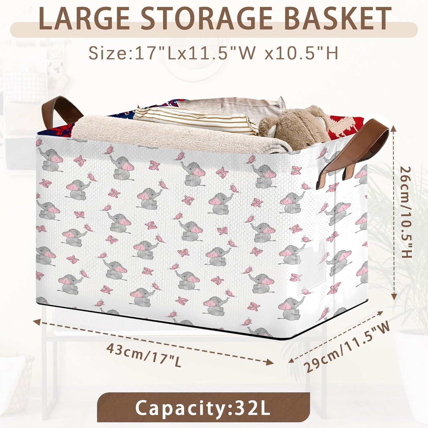 Foldable Collapsible Storage Bin with Elephant & Butterfly Pattern-17x11.5x10.5 Inch Organizer Basket for Nursery, Kids Room, Closet, Toy Storage-Single Pack, Space-Saving Home Decor