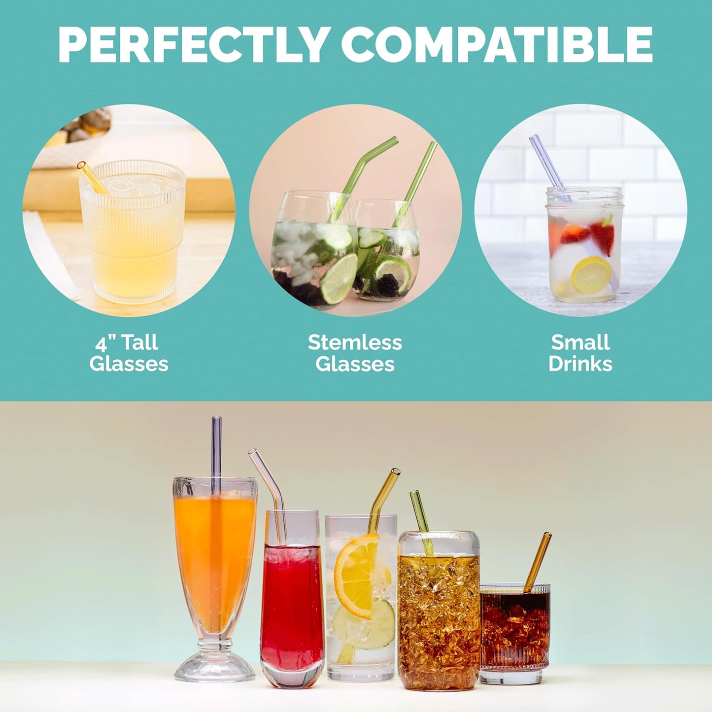 Simply Straws 6 Inch Glass Straws Straight (6-Pack) – Reusable Glass Straws for Low Balls & Stemless Glasses, with Cleaning Brush – Dishwasher Safe, Hot & Cold Use, BPA-Free (Seaglass)