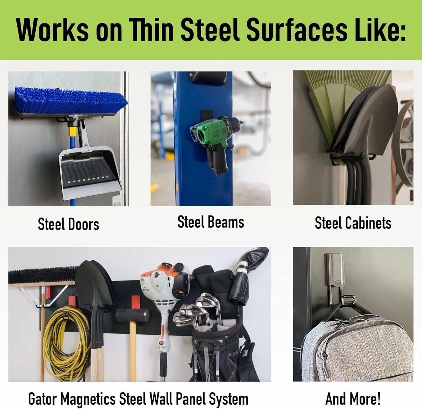 GATOR MAGNETICS MIDI 2.5 & 4" Open Hooks, 25 lb Heavy Duty Magnetic Hooks for Steel Surfaces, Patented Easy-Release, Non-Slip Grip – Storage & Organization, Garage, Shed, Home, Cleaning Tools -4 Pack