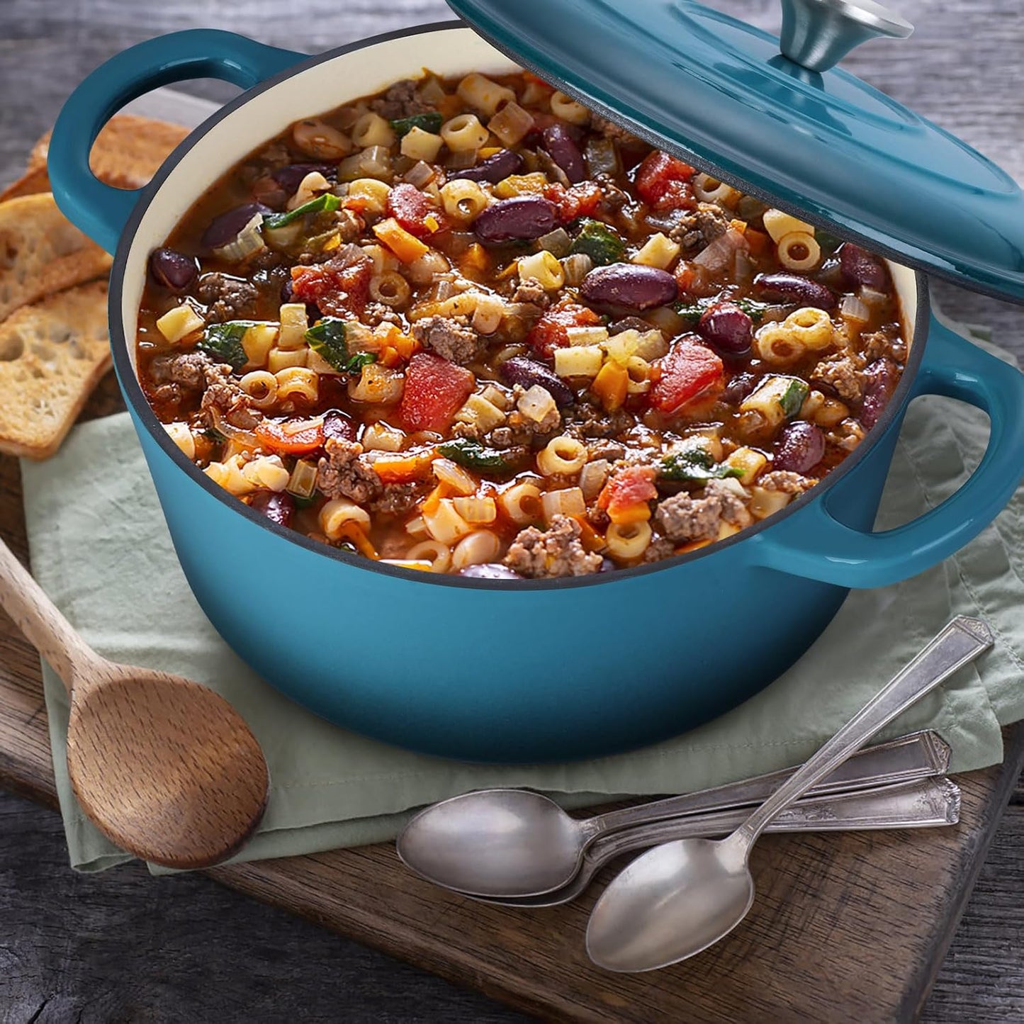 E-far 3 Qt Enameled Cast Iron Dutch Oven with Lid, Small Round Nonstick Dutch Oven Pot for Bread Baking Braising Stews Roasting Cooking, Heavy Duty, Induction & Oven Safe - Teal Mist