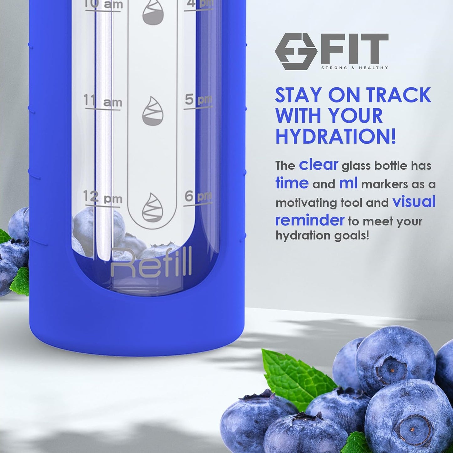 FIT Strong & Healthy 32 oz Glass Water Bottle with Straw Lid, Time Marker, Sleeve & Extra Lid - Motivational, Wide Mouth 1 Liter Glass Drinking Bottle