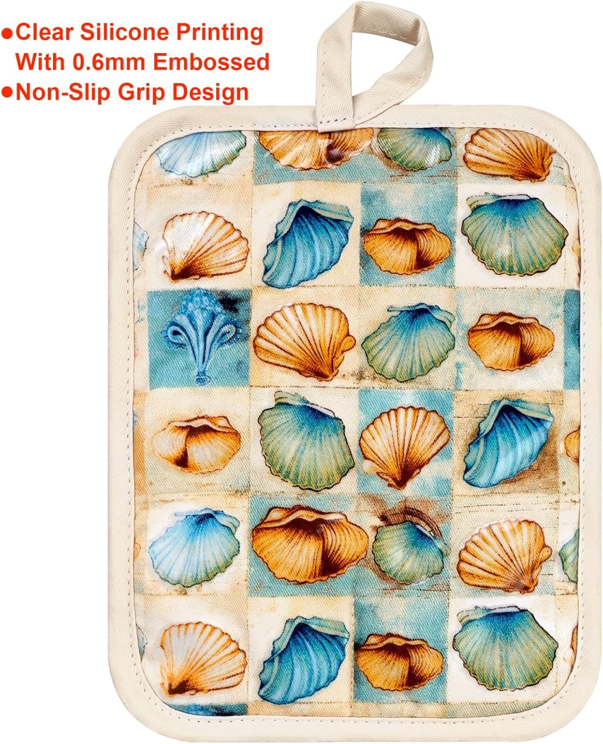 Pot Holders Set of 2 Heat Resistant 480 ℉Non Slip Clear Silicone Printed Comfortable Cotton Lining Kitchen Women Men Cooking Baking Microwave Machine Washable (Shell, Beige potholders)